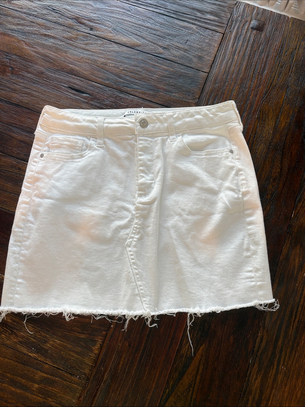 Celebrity Pink White Denim Mini Skirt with Frayed Hem